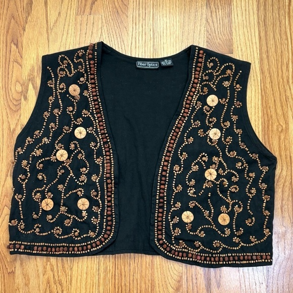 Vintage Made in India Cotton Wooden Beaded Cropped Open Vest Bohemian Boho M - Picture 7 of 11